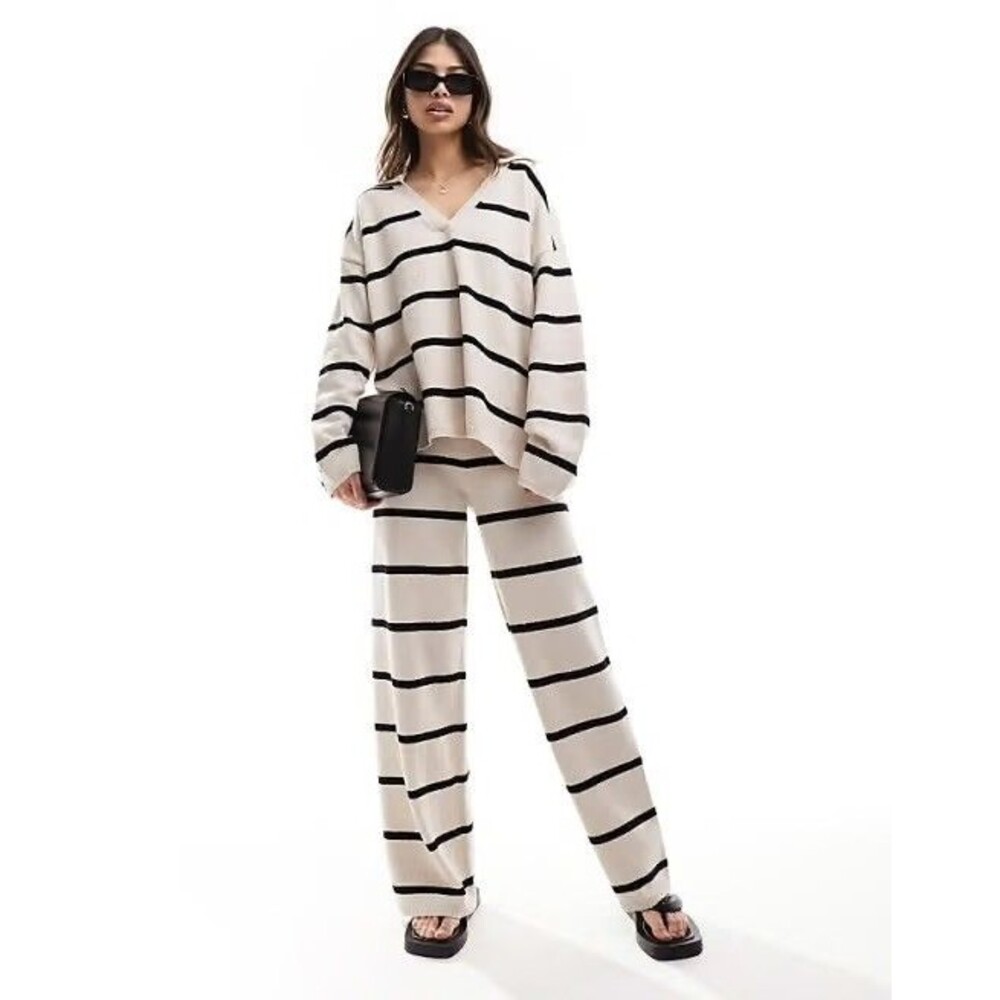Asos Design Striped Knit Pant & Sweater Set Beige & Black Sz S Top XS Pants